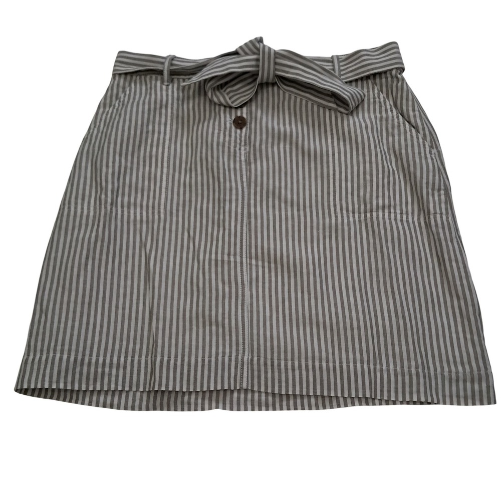 Talbots Linen Blend Skirt Womens 10 Gray Striped Button‎ Front Tie Waist Preppy